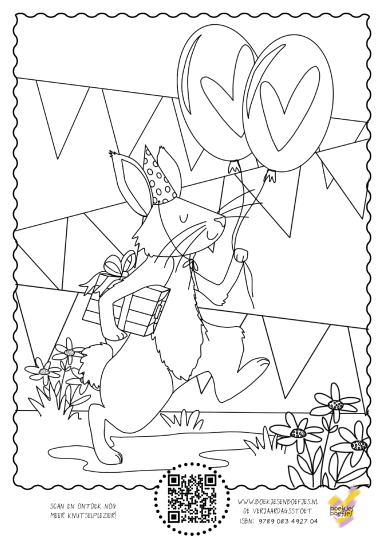 Een konijn in een feesthoed met hartballonnen en bloemen.